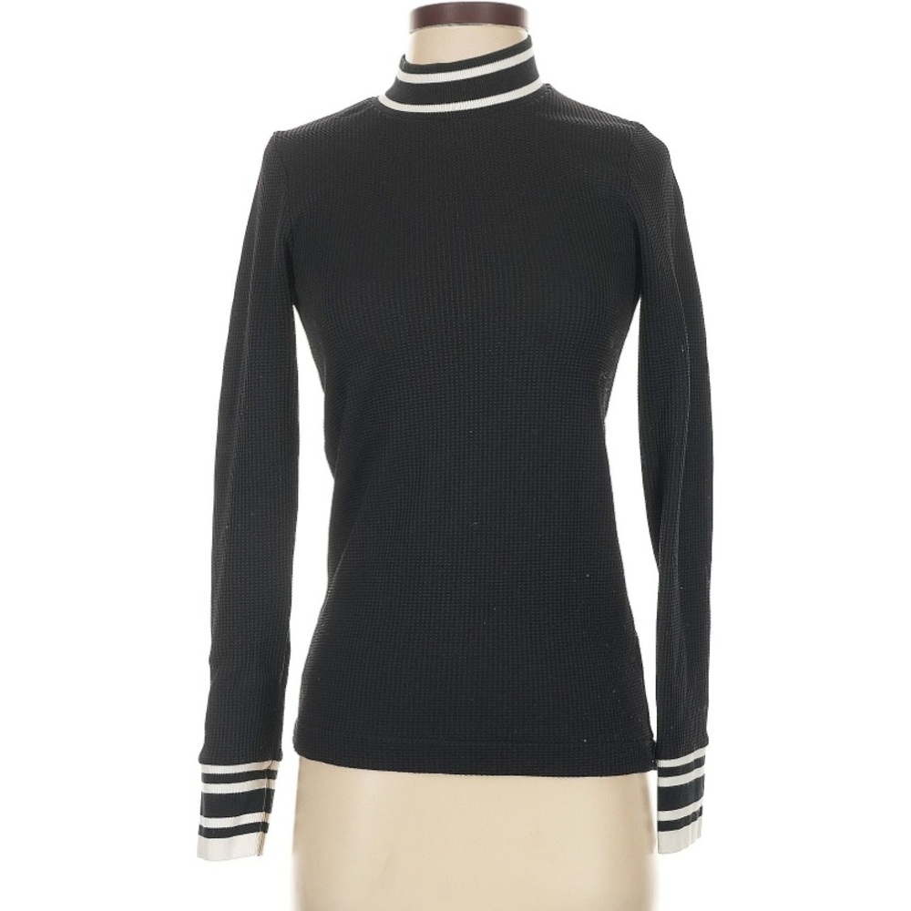 2NDDAY Black White Waffle Knit Contrast Stripe Turtleneck Academia Old Money -Sm